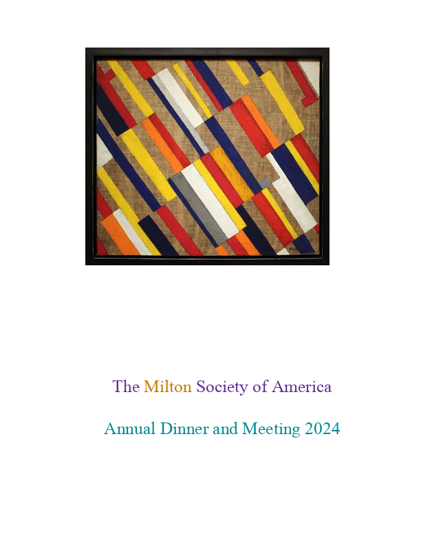 An image of the cover of the annual dinner program, featuring a modernist painting of variously colored rectangular blocks in parallel.